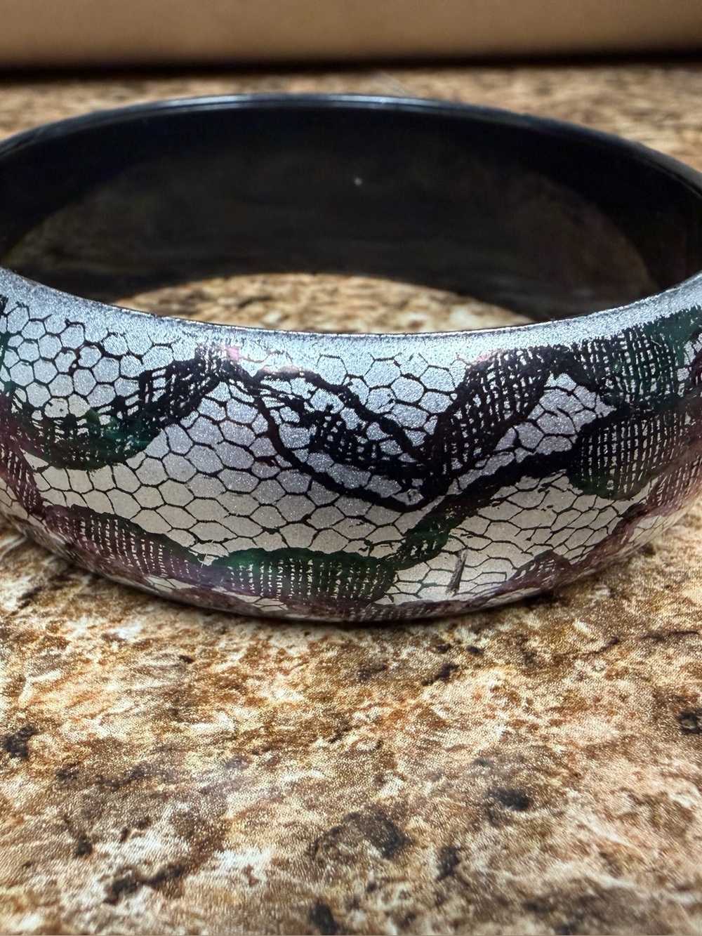 Wide Silver Tone Black Lace Print Bangle Bracelet Chunky Statement Jewelry
